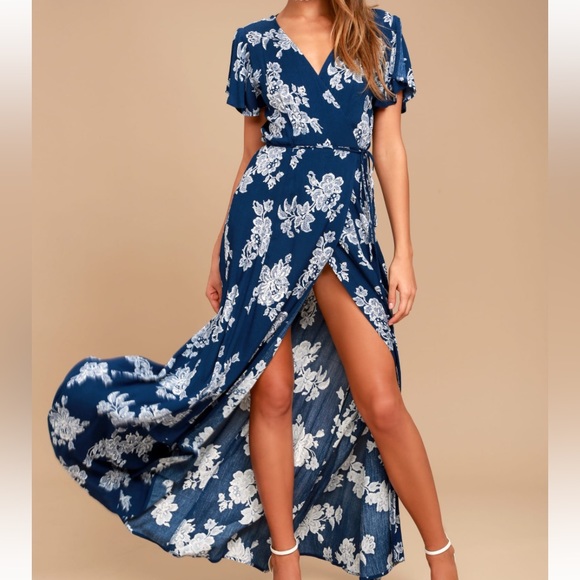 Lulus Heart of Marigold Navy Blue Floral Print Wrap Maxi Dress - Picture 2 of 16